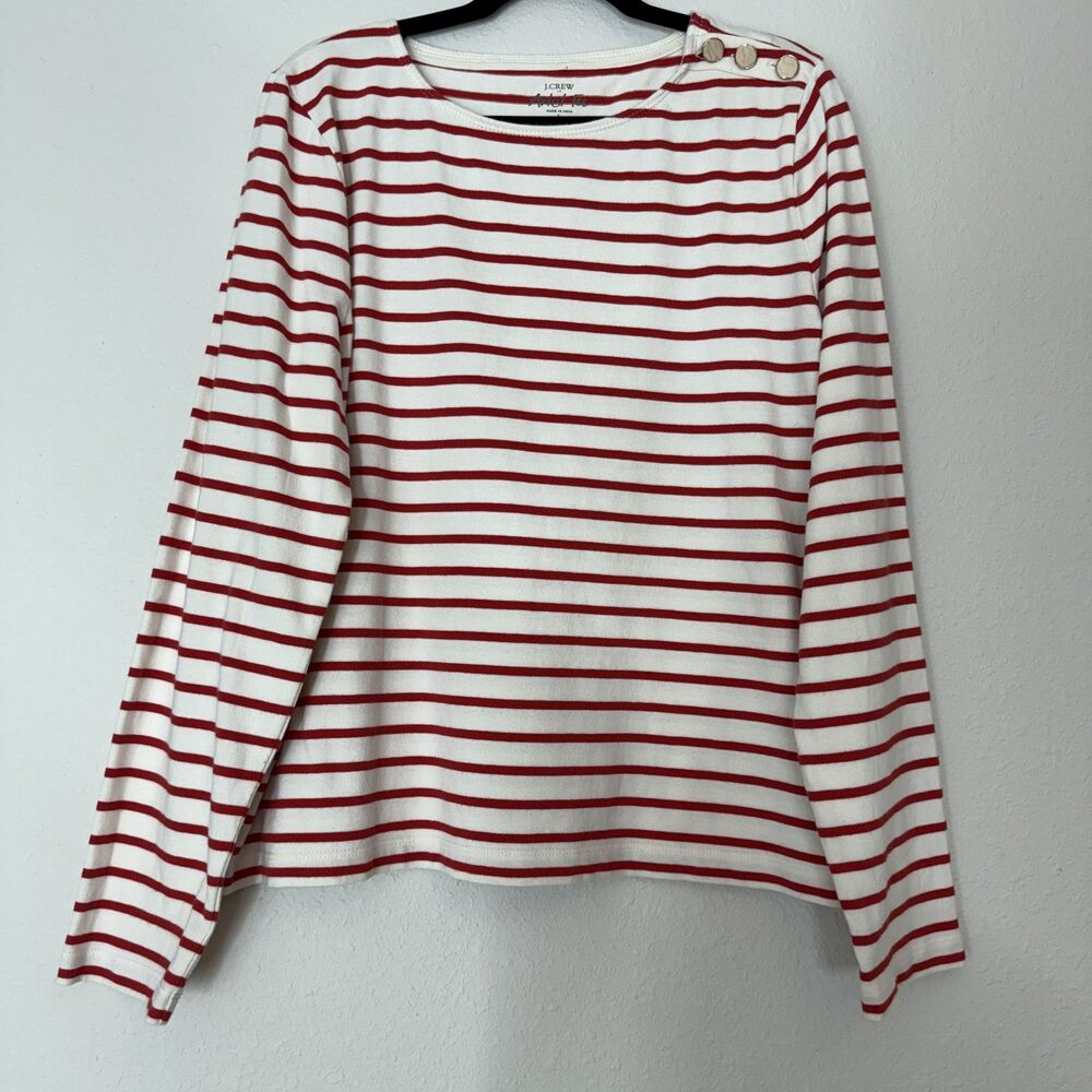 J Crew Shirt Womens L Red White Nautical Stripe Cotton Boatneck Preppy Coastal